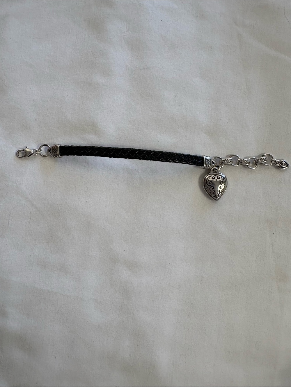 Brighton Woven Black Leather Bracelet with Silver Heart Charm